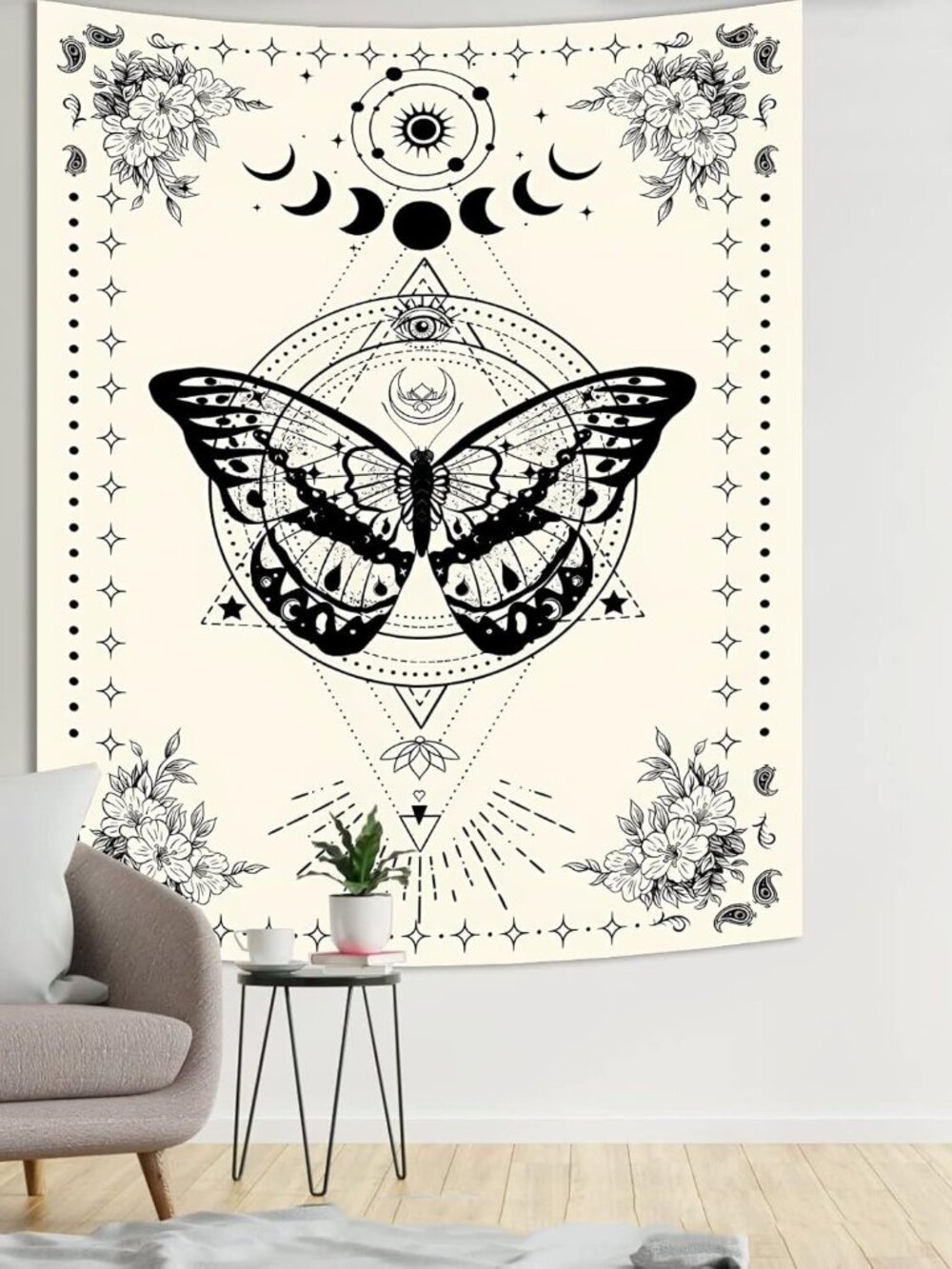35.48 Inch Mystical Boho Butterfly Moon Phase Floral Wall Tapestry